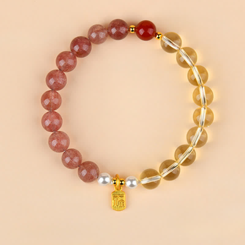 Buddha Stones Pulsera de la suerte con cuarzo fresa y citrino, cinco elementos y carácter Fu. - Metal Fuego Tierra (Circunferencia de la muñeca: 15–16 cm) - image 0