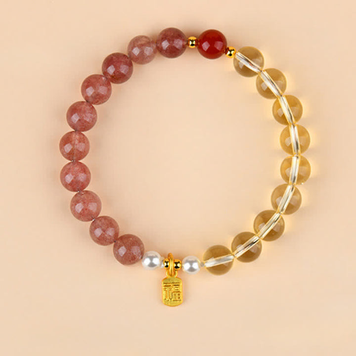 Buddha Stones Pulsera de la suerte con cuarzo fresa y citrino, cinco elementos y carácter Fu. - Metal Fuego Tierra (Circunferencia de la muñeca: 15–16 cm) - image 0
