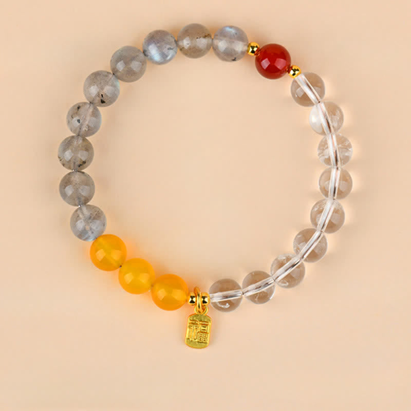 Buddha Stones Pulsera de la suerte con cuarzo fresa y citrino, cinco elementos y carácter Fu. - Agua, Metal, Tierra (Circunferencia de la muñeca: 15–16 cm) - image 8