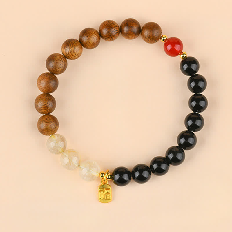 Buddha Stones Pulsera de la suerte con cuarzo fresa y citrino, cinco elementos y carácter Fu. - Madera, Agua, Tierra (Circunferencia de la muñeca: 15–16 cm) - image 19