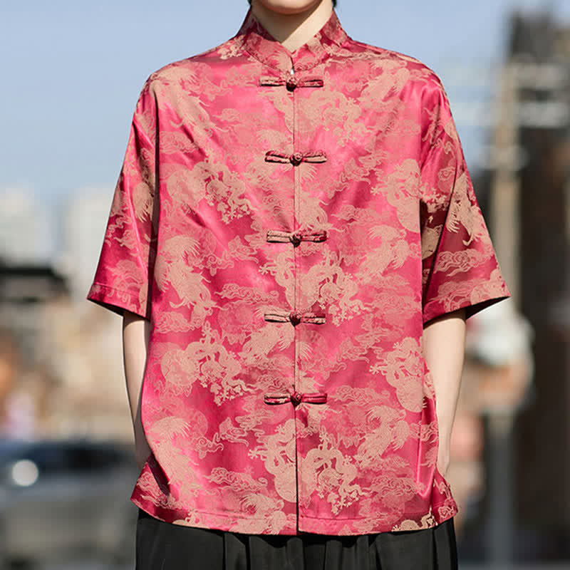 Buddha Stones Camisas de manga corta para hombre estilo Summer Tang con botones de rana y estampados de animales. - Carmesí - US/UK/AU46, EU56 (5XL) - image 0