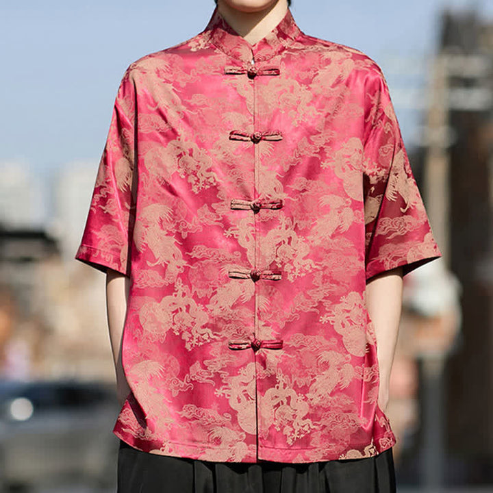 Buddha Stones Camisas de manga corta para hombre estilo Summer Tang con botones de rana y estampados de animales. - Carmesí - US/UK/AU46, EU56 (5XL) - image 0