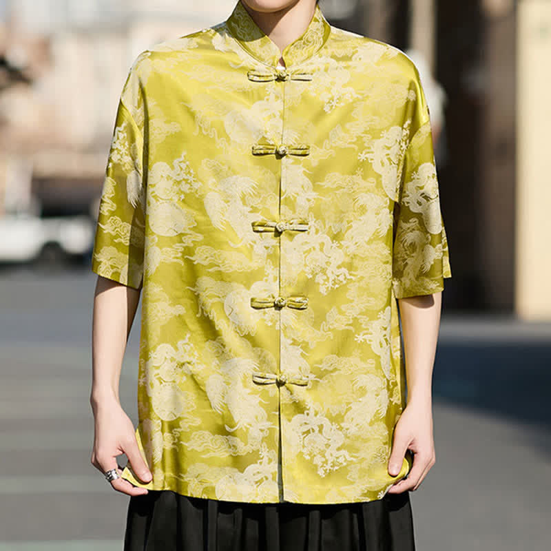 Buddha Stones Camisas de manga corta para hombre estilo Summer Tang con botones de rana y estampados de animales. - Amarillo - US/UK/AU46, EU56 (5XL) - image 10