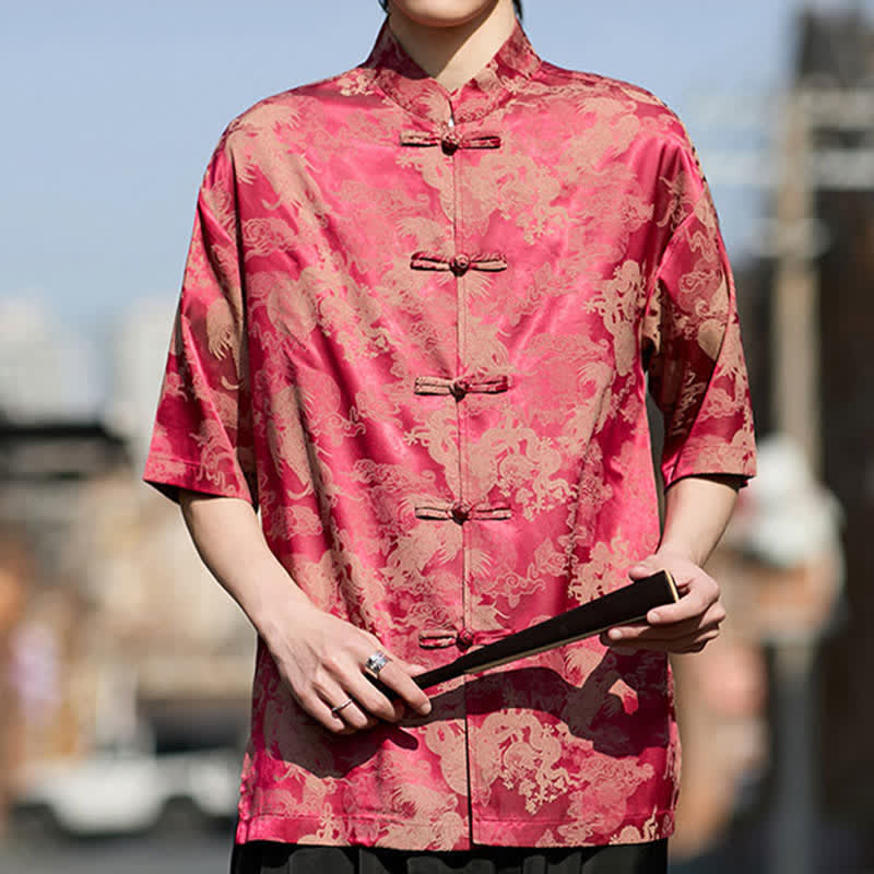 Buddha Stones Camisas de manga corta para hombre estilo Summer Tang con botones de rana y estampados de animales. - image 6