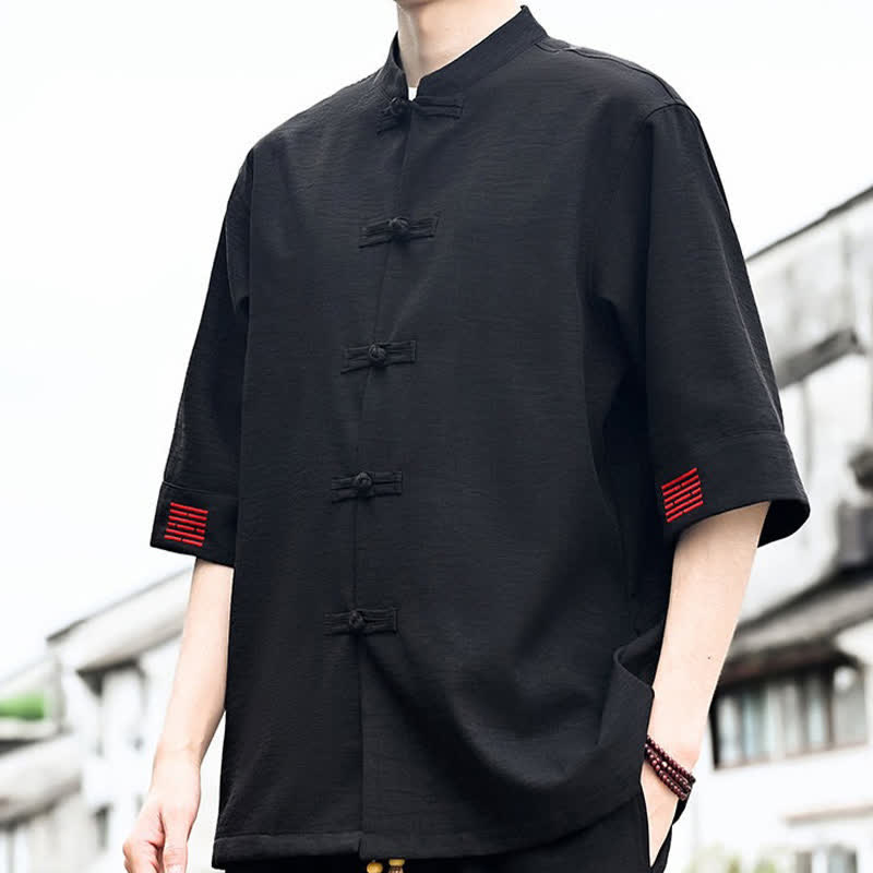 Buddha Stones Camisas de manga corta para hombre de estilo Summer Tang con botones de rana. - image 4