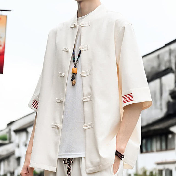 Buddha Stones Camisas de manga corta para hombre de estilo Summer Tang con botones de rana. - image 11