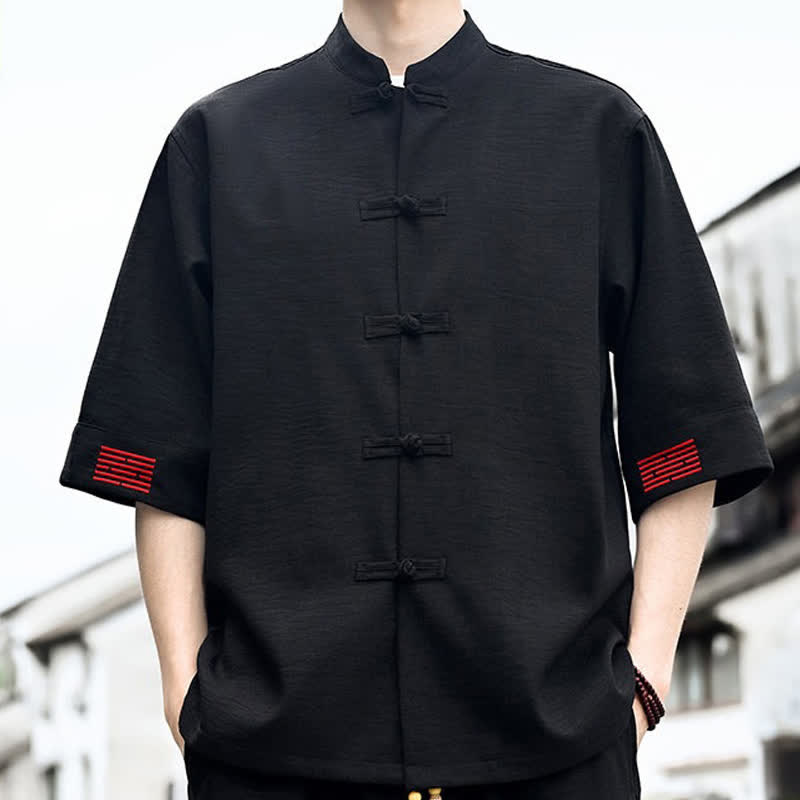 Buddha Stones Camisas de manga corta para hombre de estilo Summer Tang con botones de rana. - image 3