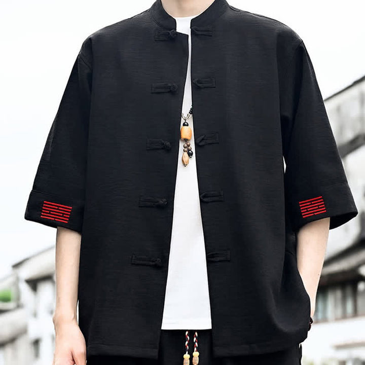 Buddha Stones Camisas de manga corta para hombre de estilo Summer Tang con botones de rana. - Negro - US/UK/AU46, EU56 (5XL) - image 0