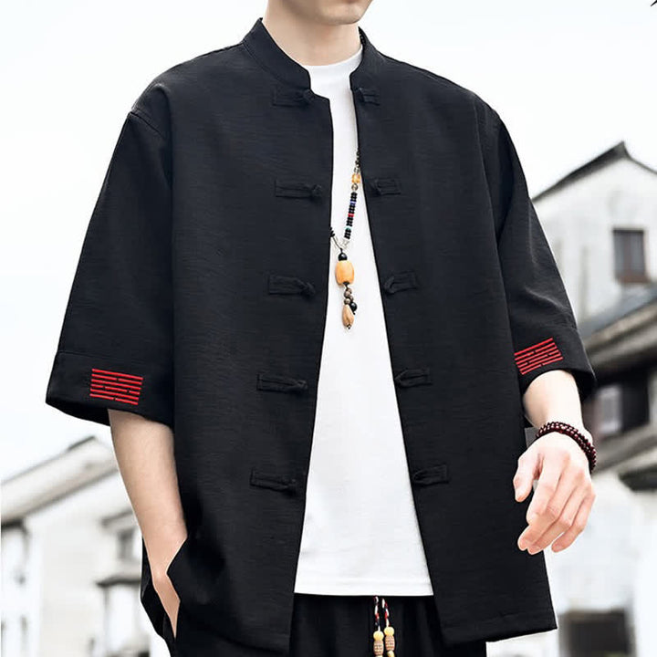 Buddha Stones Camisas de manga corta para hombre de estilo Summer Tang con botones de rana. - image 5