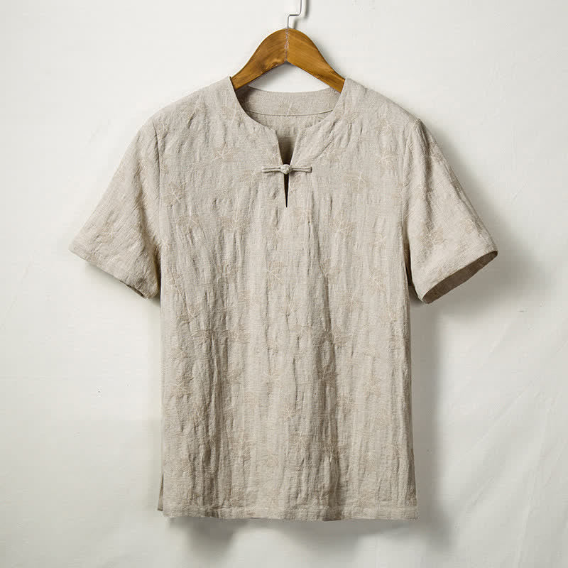 Buddha Stones Camisas de manga corta para hombre estilo Summer Tang con un botón de rana y textura de hoja lisa. - Lino - US/UK/AU44, EU54 (4XL) - image 0