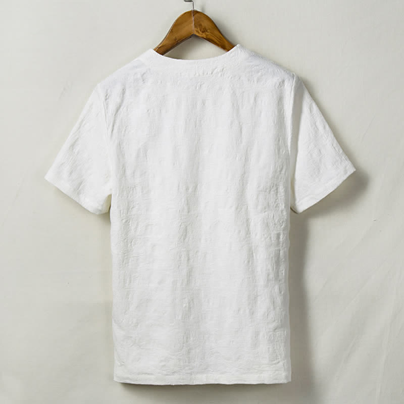 Buddha Stones Camisas de manga corta para hombre estilo Summer Tang con un botón de rana y textura de hoja lisa. - image 3