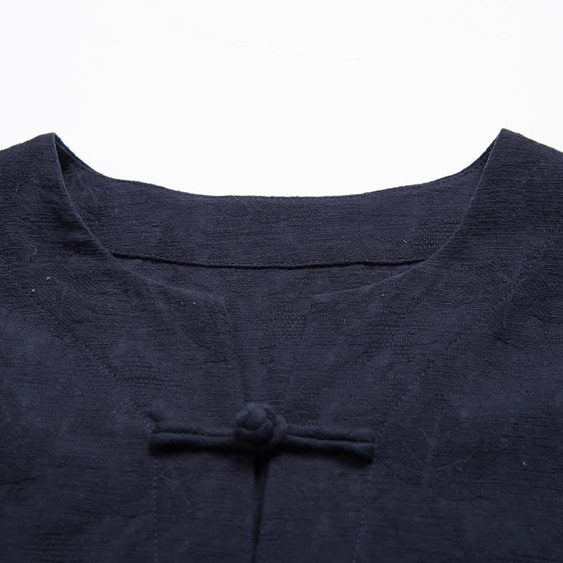 Buddha Stones Camisas de manga corta para hombre estilo Summer Tang con un botón de rana y textura de hoja lisa. - image 6