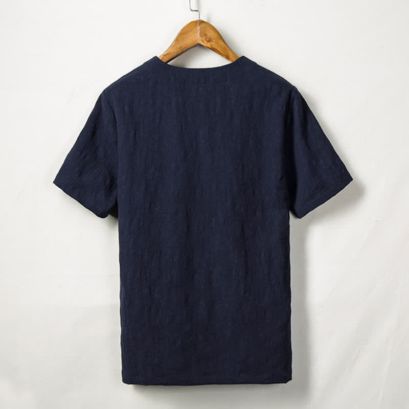 Buddha Stones Camisas de manga corta para hombre estilo Summer Tang con un botón de rana y textura de hoja lisa. - image 5