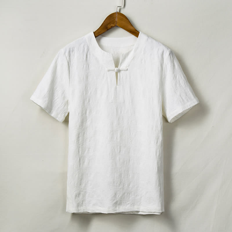 Buddha Stones Camisas de manga corta para hombre estilo Summer Tang con un botón de rana y textura de hoja lisa. - Blanco - US/UK/AU44, EU54 (4XL) - image 2