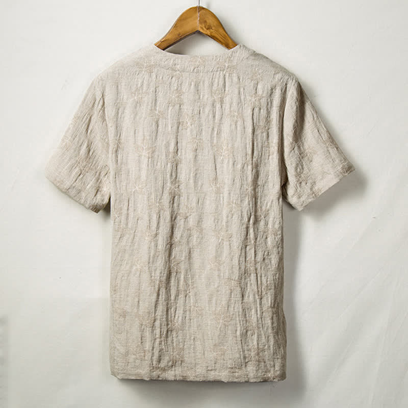 Buddha Stones Camisas de manga corta para hombre estilo Summer Tang con un botón de rana y textura de hoja lisa. - image 1