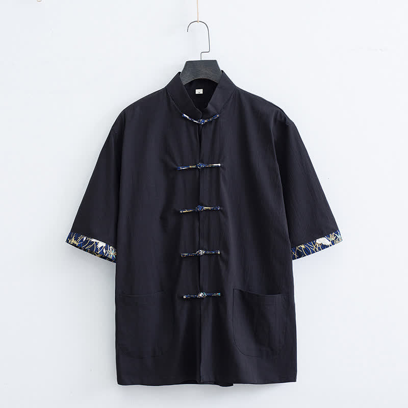 Buddha Stones Camisa de manga corta para hombre, estilo Summer Tang, con cuello mandarín, botones de rana y bolsillos. - Negro - US/UK/AU44, EU54 (4XL) - image 5