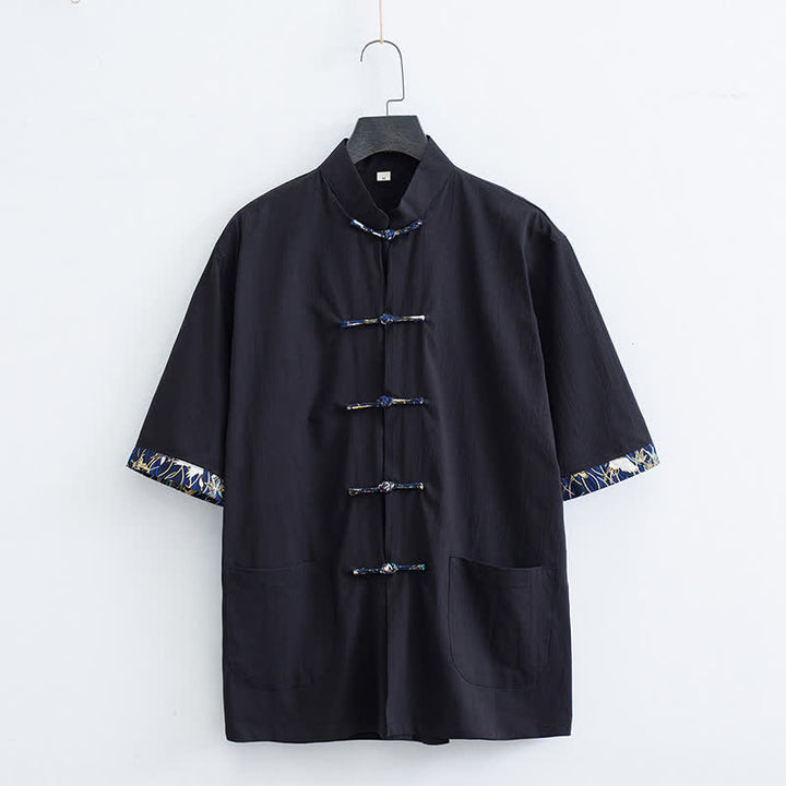 Buddha Stones Camisa de manga corta para hombre, estilo Summer Tang, con cuello mandarín, botones de rana y bolsillos. - Negro - US/UK/AU44, EU54 (4XL) - image 5