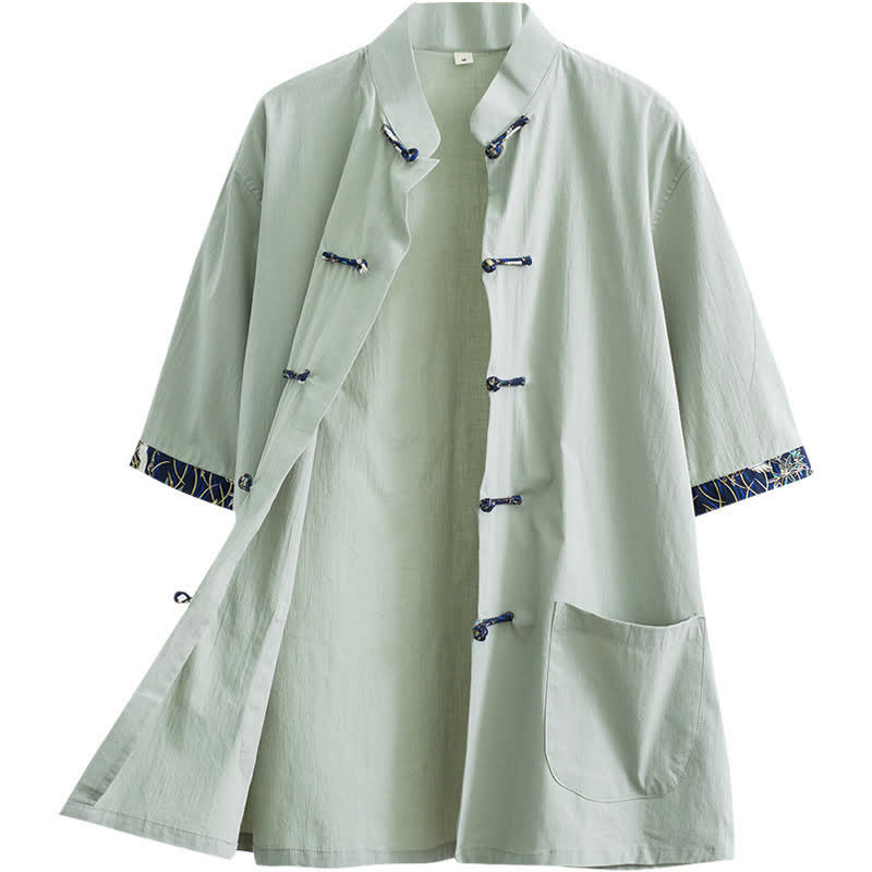 Buddha Stones Camisa de manga corta para hombre, estilo Summer Tang, con cuello mandarín, botones de rana y bolsillos. - image 12