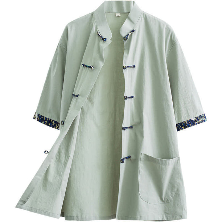 Buddha Stones Camisa de manga corta para hombre, estilo Summer Tang, con cuello mandarín, botones de rana y bolsillos. - image 12