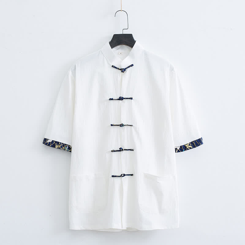 Buddha Stones Camisa de manga corta para hombre, estilo Summer Tang, con cuello mandarín, botones de rana y bolsillos. - Blanco - US/UK/AU44, EU54 (4XL) - image 8