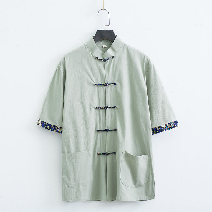 Buddha Stones Camisa de manga corta para hombre, estilo Summer Tang, con cuello mandarín, botones de rana y bolsillos. - Verde mar oscuro - US/UK/AU44, EU54 (4XL) - image 11