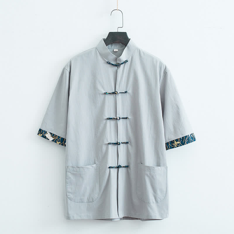 Buddha Stones Camisa de manga corta para hombre, estilo Summer Tang, con cuello mandarín, botones de rana y bolsillos. - Gris claro - US/UK/AU44, EU54 (4XL) - image 2
