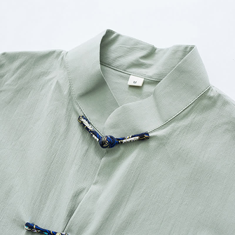 Buddha Stones Camisa de manga corta para hombre, estilo Summer Tang, con cuello mandarín, botones de rana y bolsillos. - image 13