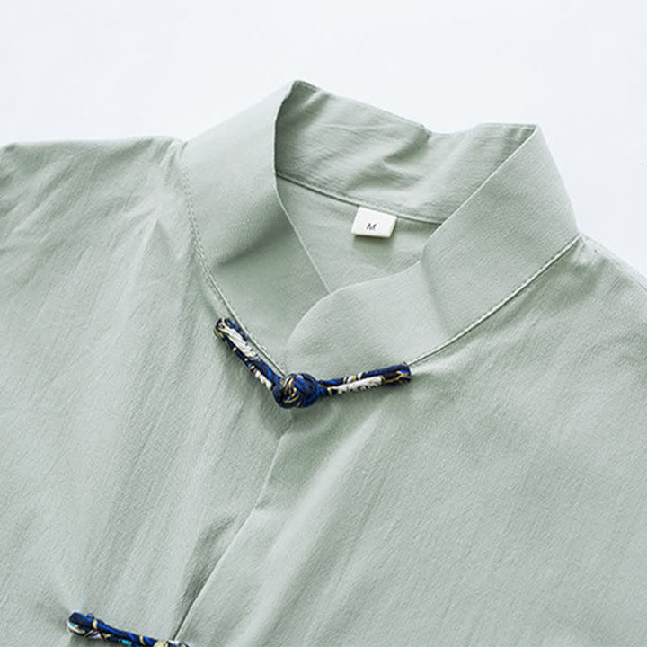 Buddha Stones Camisa de manga corta para hombre, estilo Summer Tang, con cuello mandarín, botones de rana y bolsillos. - image 13
