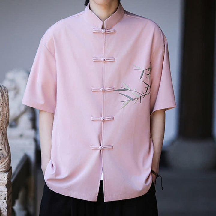 Buddha Stones Camisas de manga corta para hombre estilo Tang de verano con cuello mandarín, botones de rana y bordado de bambú. - image 20