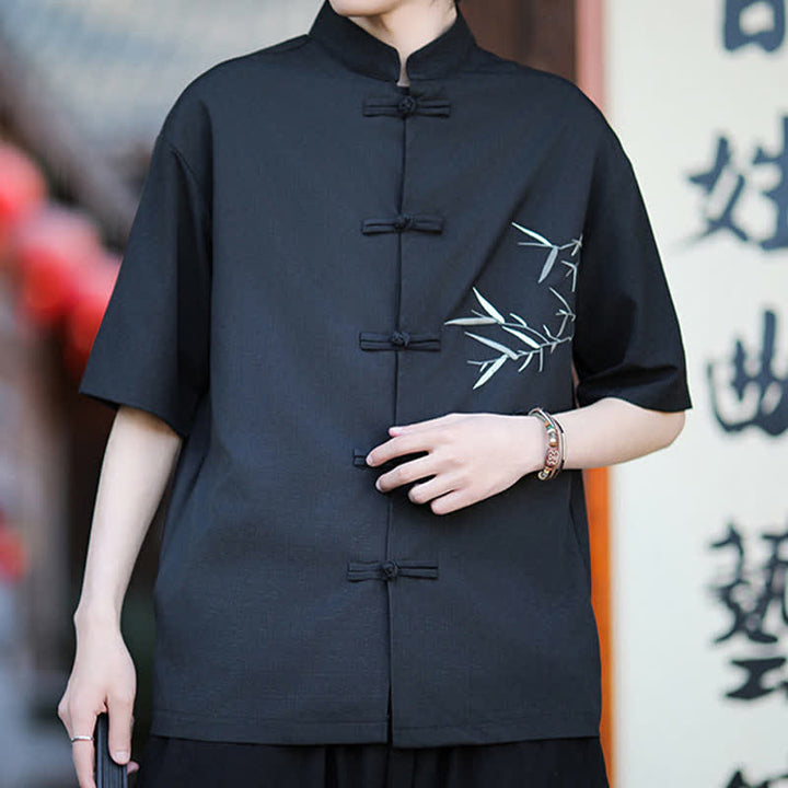 Buddha Stones Camisas de manga corta para hombre estilo Tang de verano con cuello mandarín, botones de rana y bordado de bambú. - image 14