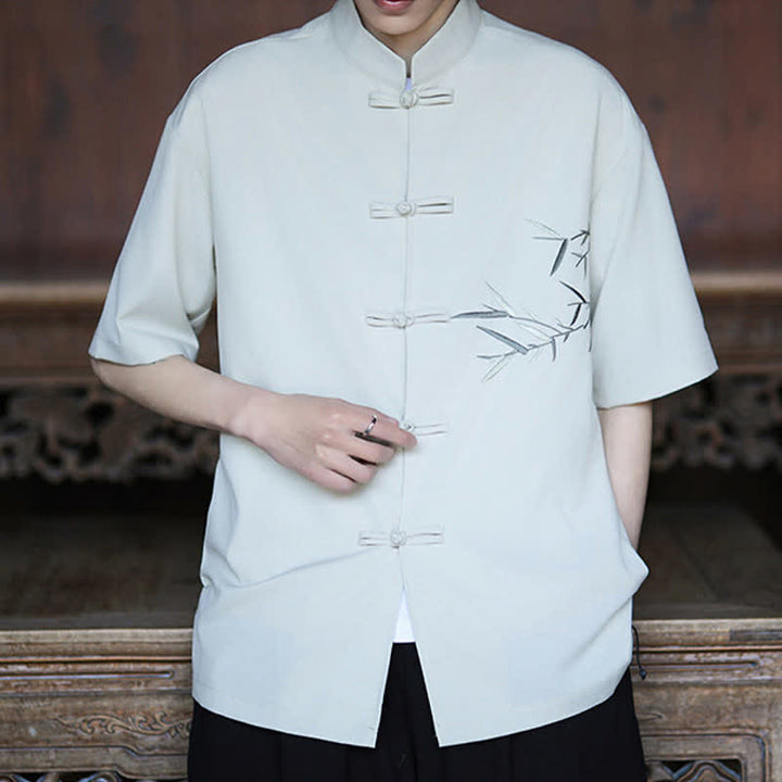 Buddha Stones Camisas de manga corta para hombre estilo Tang de verano con cuello mandarín, botones de rana y bordado de bambú. - image 1