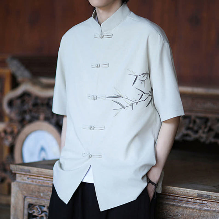 Buddha Stones Camisas de manga corta para hombre estilo Tang de verano con cuello mandarín, botones de rana y bordado de bambú. - image 5