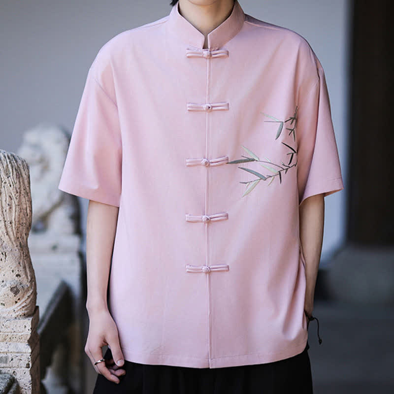Buddha Stones Camisas de manga corta para hombre estilo Tang de verano con cuello mandarín, botones de rana y bordado de bambú. - image 25