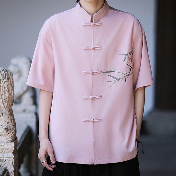 Buddha Stones Camisas de manga corta para hombre estilo Tang de verano con cuello mandarín, botones de rana y bordado de bambú. - image 25