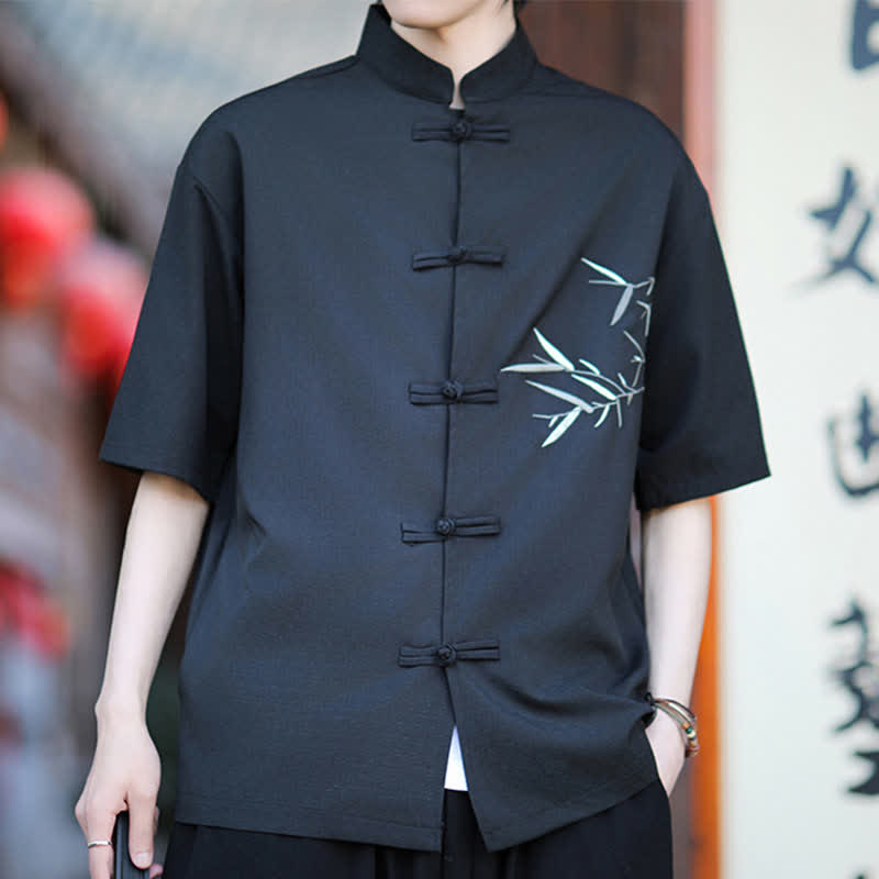 Buddha Stones Camisas de manga corta para hombre estilo Tang de verano con cuello mandarín, botones de rana y bordado de bambú. - image 15