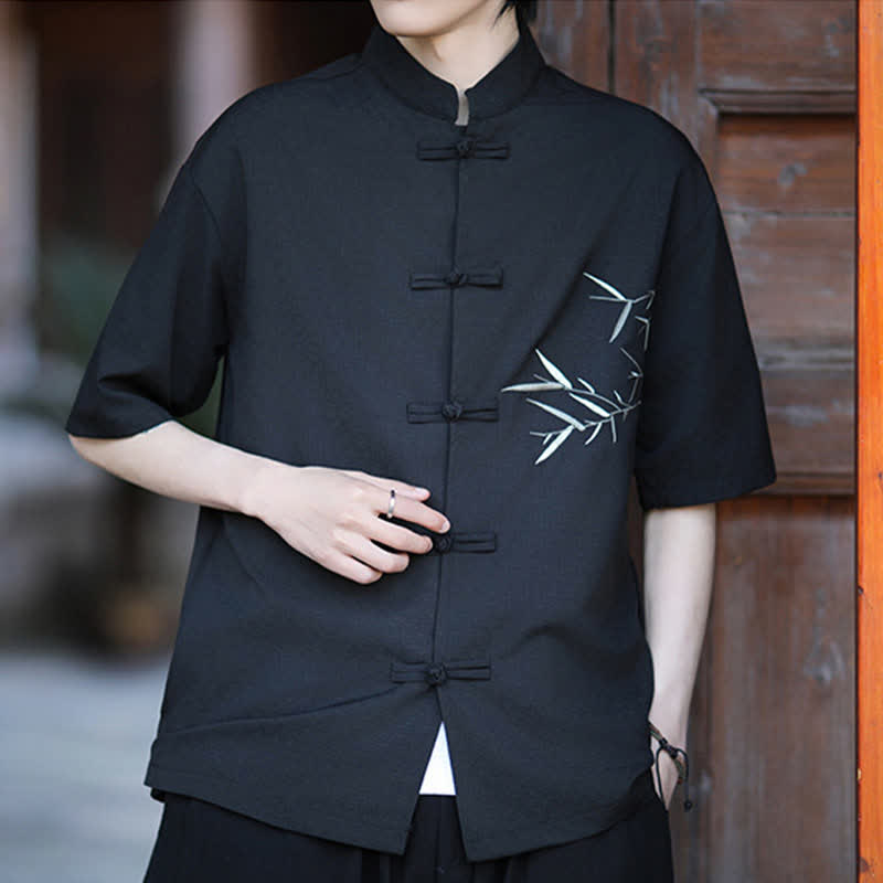 Buddha Stones Camisas de manga corta para hombre estilo Tang de verano con cuello mandarín, botones de rana y bordado de bambú. - image 11