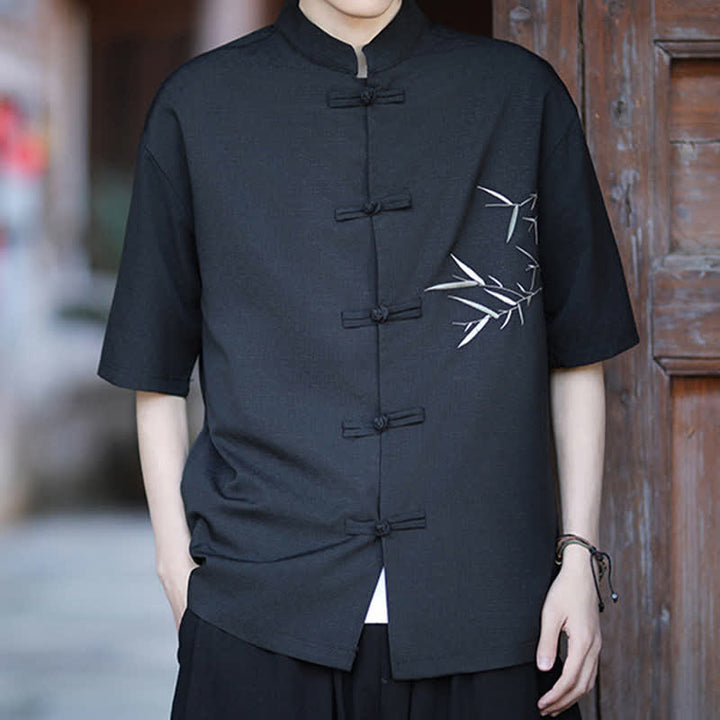 Buddha Stones Camisas de manga corta para hombre estilo Tang de verano con cuello mandarín, botones de rana y bordado de bambú. - image 16