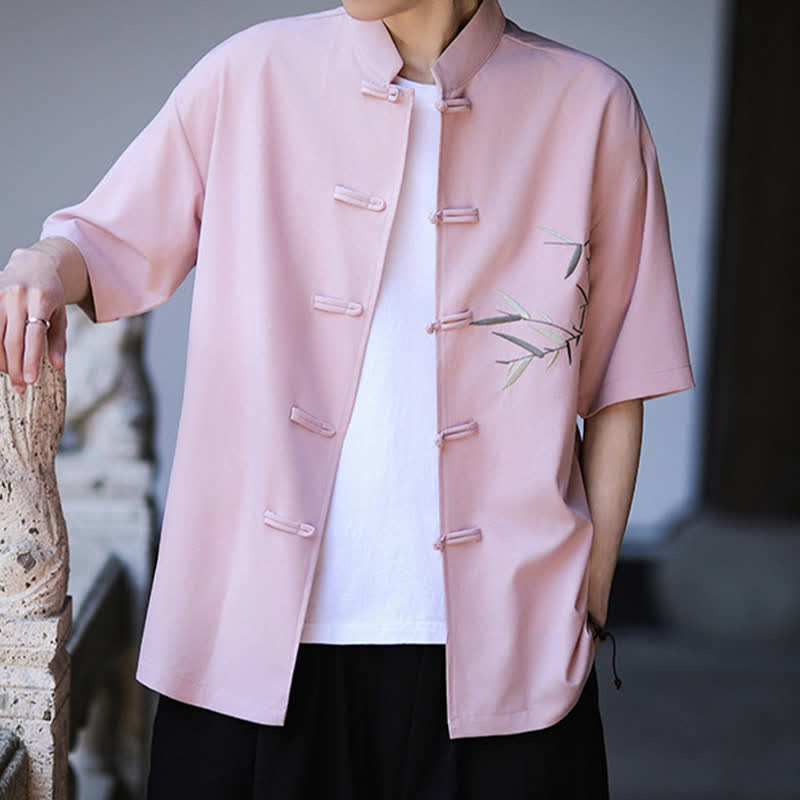 Buddha Stones Camisas de manga corta para hombre estilo Tang de verano con cuello mandarín, botones de rana y bordado de bambú. - image 23