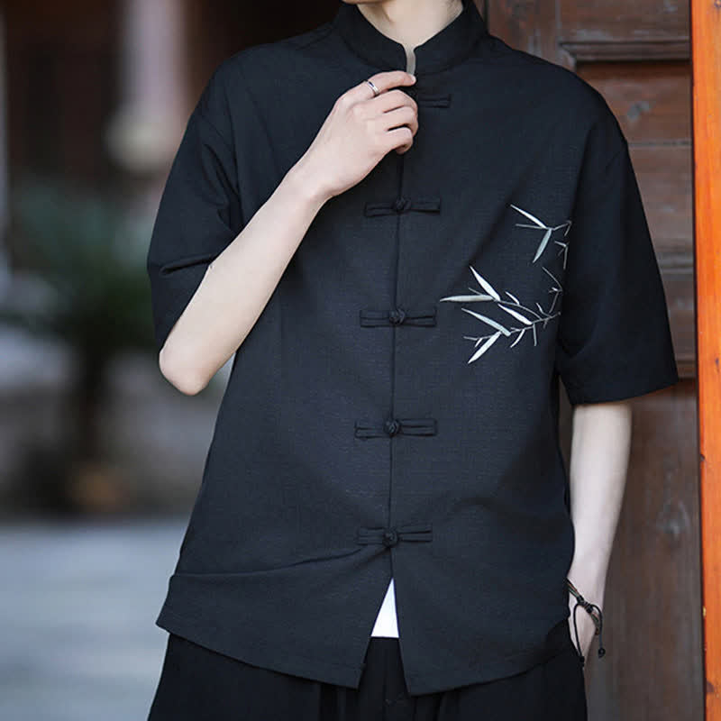 Buddha Stones Camisas de manga corta para hombre estilo Tang de verano con cuello mandarín, botones de rana y bordado de bambú. - Negro - US/UK/AU46, EU56 (5XL) - image 8