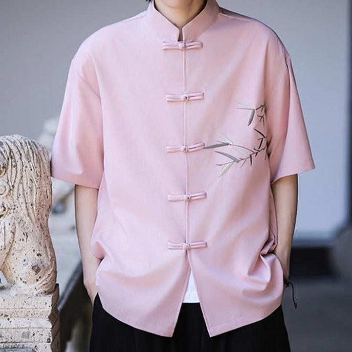 Buddha Stones Camisas de manga corta para hombre estilo Tang de verano con cuello mandarín, botones de rana y bordado de bambú. - image 27