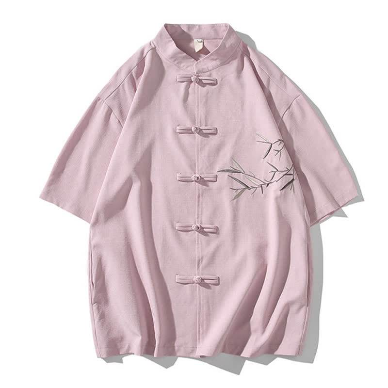 Buddha Stones Camisas de manga corta para hombre estilo Tang de verano con cuello mandarín, botones de rana y bordado de bambú. - image 28