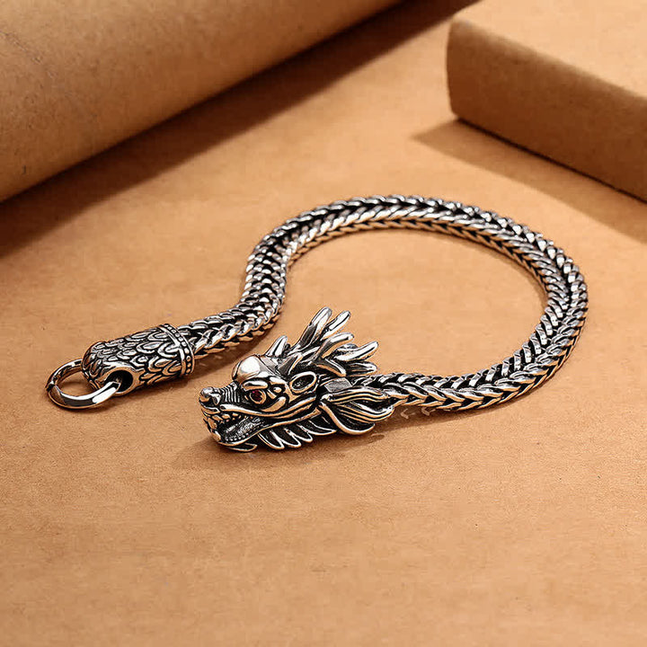 Buddha Stones Pulsera trenzada retro tono plata con diseño de dragón de cobre - image 2