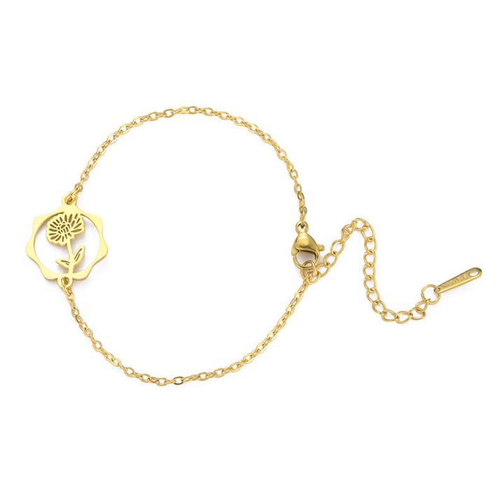 Buddha Stones Pulsera de acero de titanio con flor de nacimiento, nuevo comienzo - Crisantemo - Acero de titanio dorado - image 11