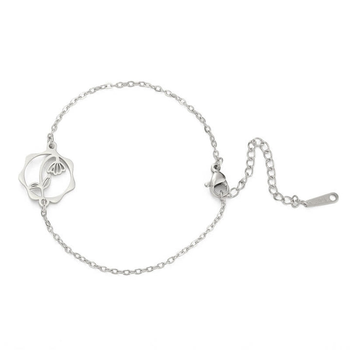 Buddha Stones Pulsera de acero de titanio con flor de nacimiento, nuevo comienzo - Campanilla de febrero - Acero de titanio plateado - image 13