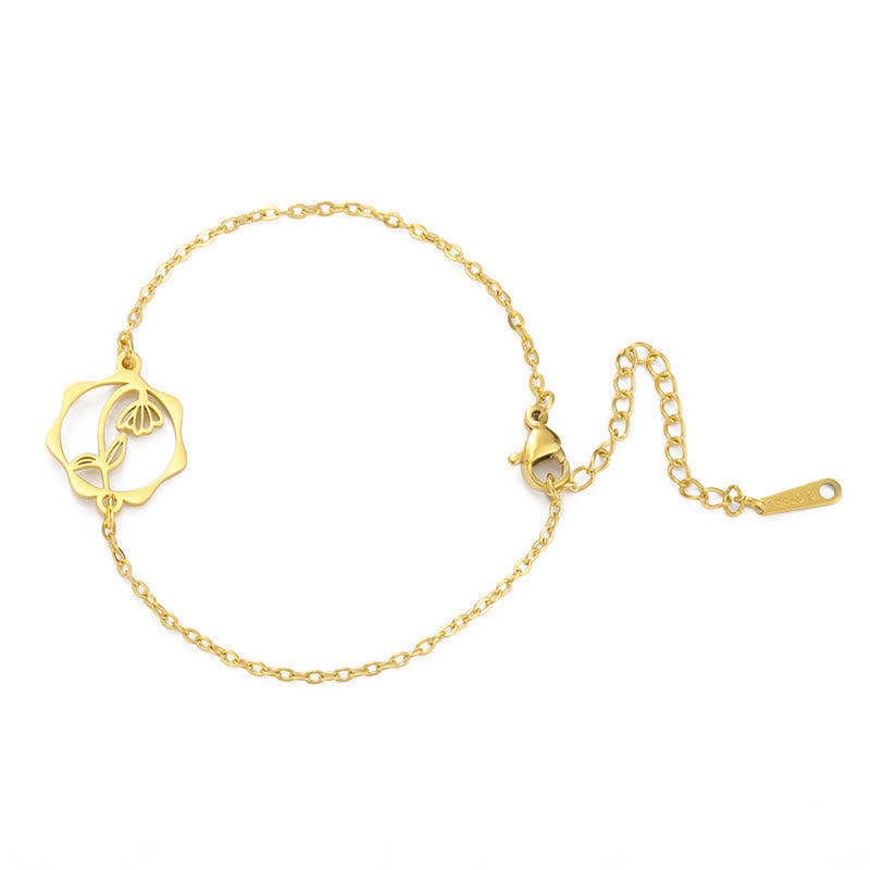 Buddha Stones Pulsera de acero de titanio con flor de nacimiento, nuevo comienzo - Campanilla de febrero - Acero de titanio dorado - image 14