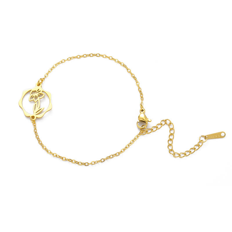 Buddha Stones Pulsera de acero de titanio con flor de nacimiento, nuevo comienzo - Narciso - Acero de titanio dorado - image 29