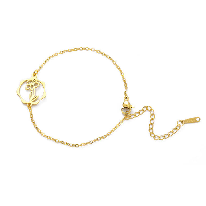 Buddha Stones Pulsera de acero de titanio con flor de nacimiento, nuevo comienzo - Narciso - Acero de titanio dorado - image 29