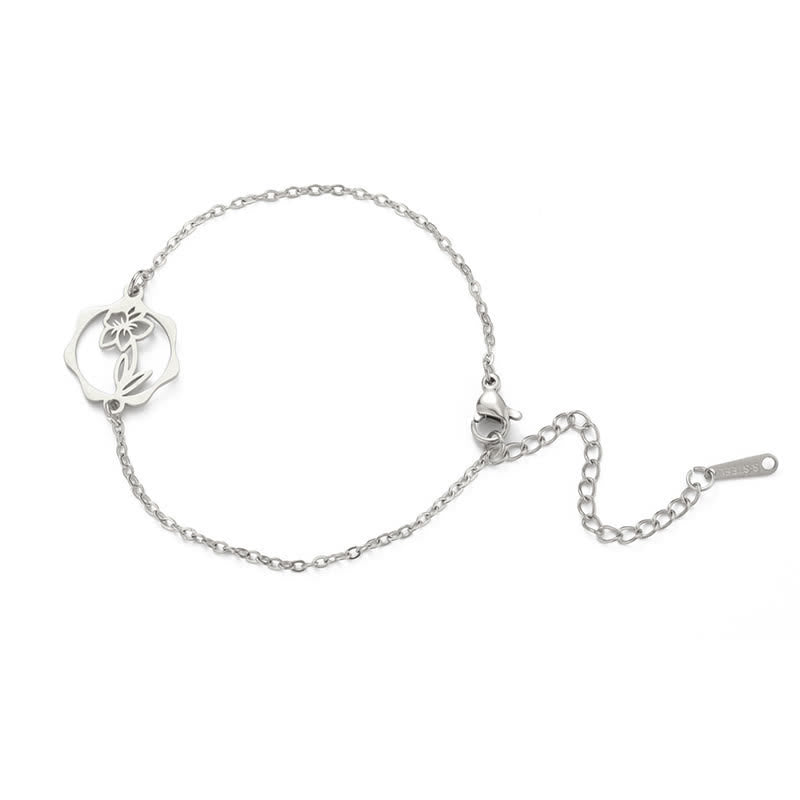 Buddha Stones Pulsera de acero de titanio con flor de nacimiento, nuevo comienzo - Narciso - Acero de titanio plateado - image 28