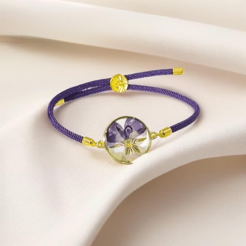 Buddha Stones Pulsera ajustable de cuerda trenzada con flor de nacimiento hecha a mano con resina - Violeta (circunferencia de la muñeca: 17–22 cm) - image 0