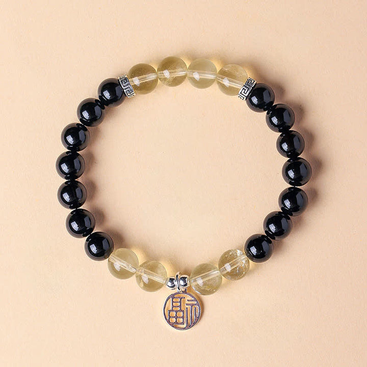 Buddha Stones Pulsera de cuentas con el personaje Fu de ónix negro para la buena suerte - Citrino de ónix negro (circunferencia de la muñeca: 15-16 cm) - image 1